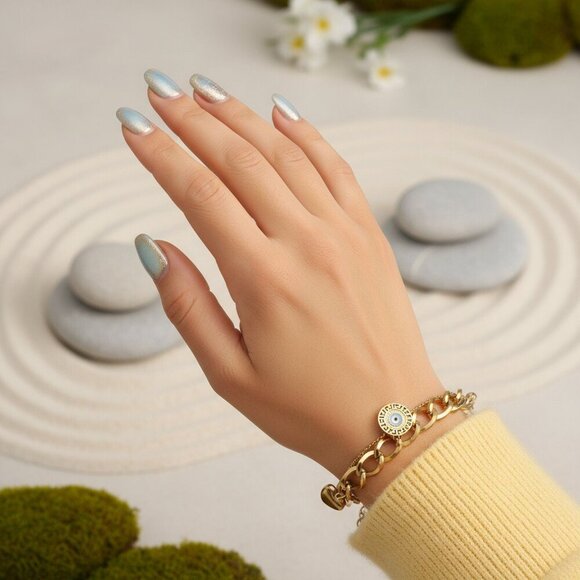 Double Chain 18K Gold Plated Stainless Steel Bracelet with Heart Evil Eye - Picture 12 of 12